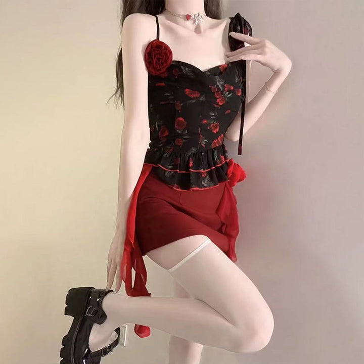 Cowl neck flower applique print ruched cami mini skirt set  | Festival Outfits Women