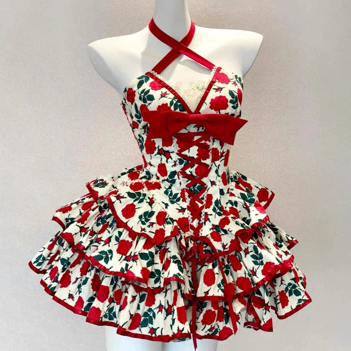 Bowknot flower print lace hem cross front mini dress  | Festival Outfits Women