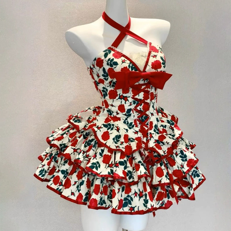 Bowknot flower print lace hem cross front mini dress  | Festival Outfits Women