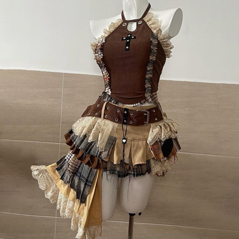 Lace hem hollow out irregular plaid mini skirt set  | Festival Outfits Women