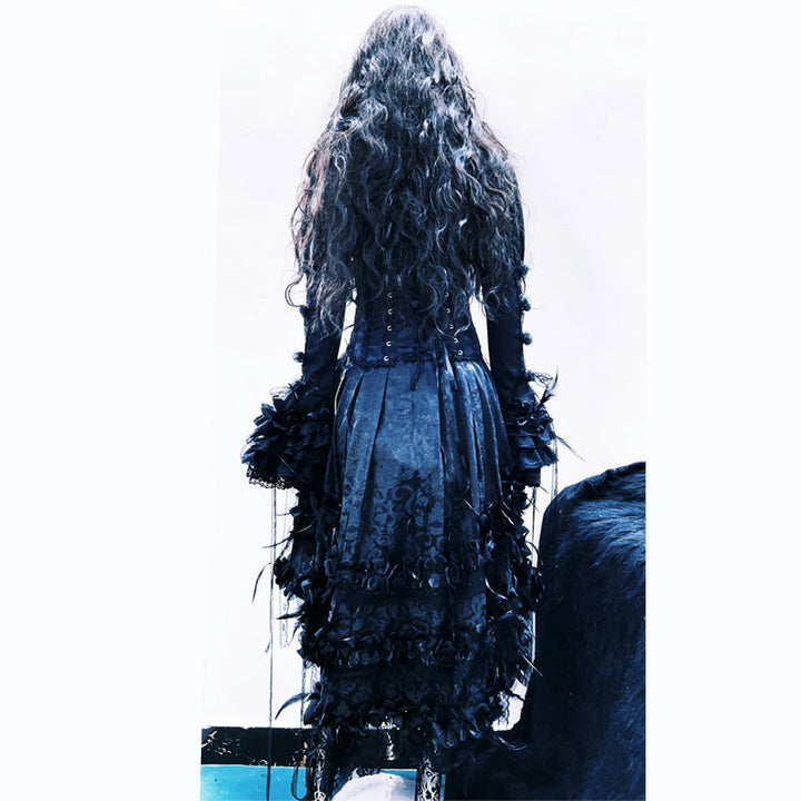 Long sleeve flower applique lace up lace hem mini dress  | Festival Outfits Women