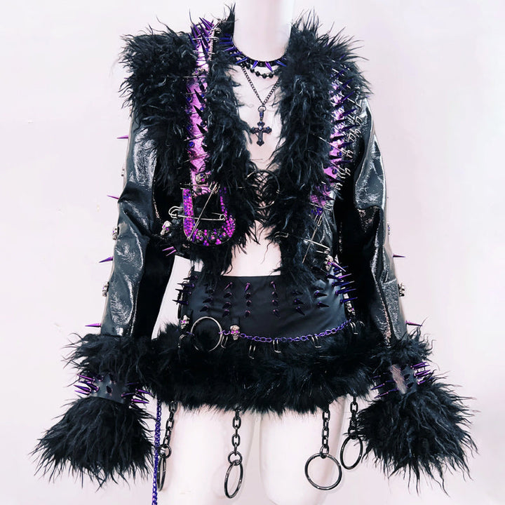 Fluffy long sleeve rivet applique o ring top  | Festival Outfits Women