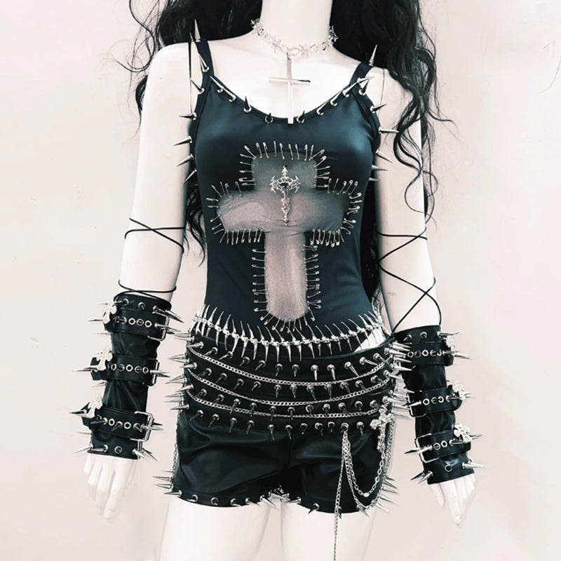 Mesh u neck rivet applique cami bodysuit  | Festival Outfits Women