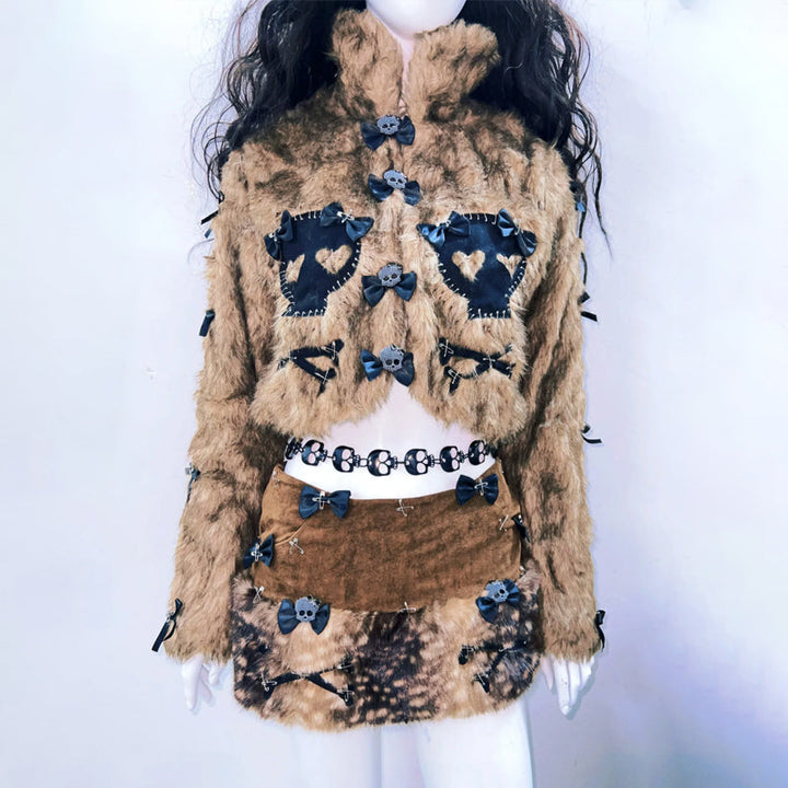 Fluffy long sleeve bowknot skull applique top  | Festival Outfits Women