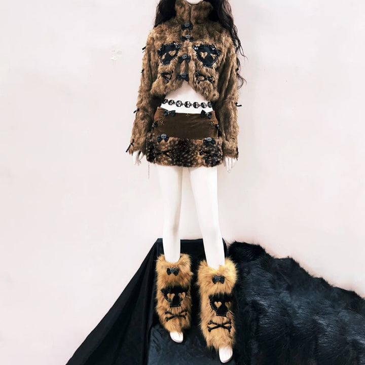 Fluffy long sleeve bowknot skull applique top  | Festival Outfits Women