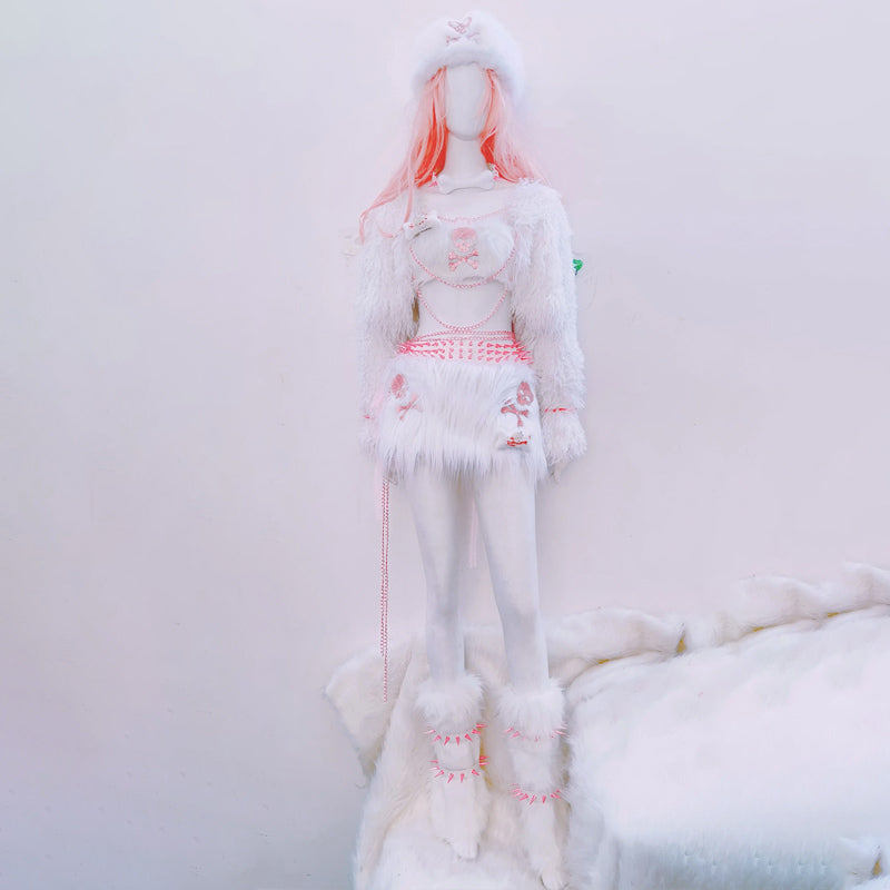 Metal chain fluffy bone applique long sleeve mini skirt set  | Festival Outfits Women