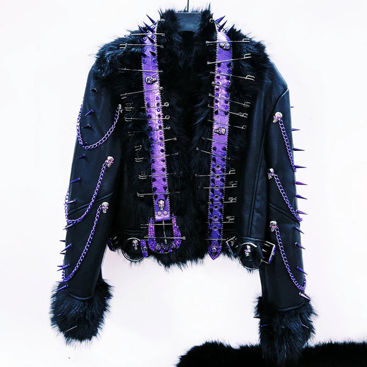 Long sleeve fluffy o ring metal chain rivet applique top  | Festival Outfits Women