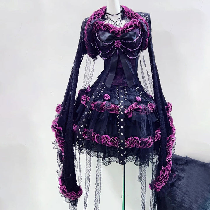 Long flared sleeve flower applique beaded mini skirt set  | Festival Outfits Women