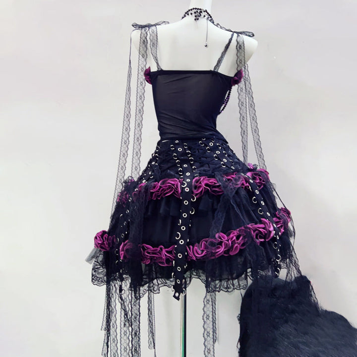 Long flared sleeve flower applique beaded mini skirt set  | Festival Outfits Women