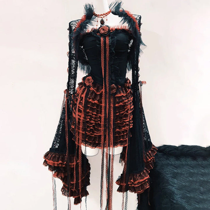 Ruffle long flared sleeve lace flower applique mini skirt set  | Festival Outfits Women