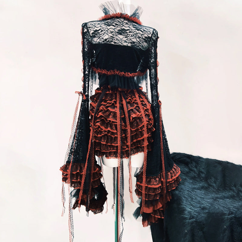 Ruffle long flared sleeve lace flower applique mini skirt set  | Festival Outfits Women