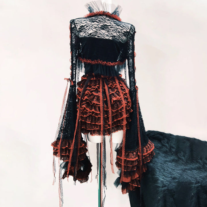 Ruffle long flared sleeve lace flower applique mini skirt set  | Festival Outfits Women