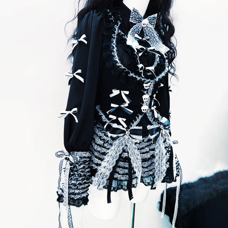 Bowknot long sleeve lace hem mini skirt set  | Festival Outfits Women