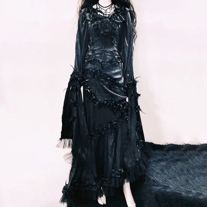 Long sleeve ruffle flower applique maxi maxi dress  | Festival Outfits Women