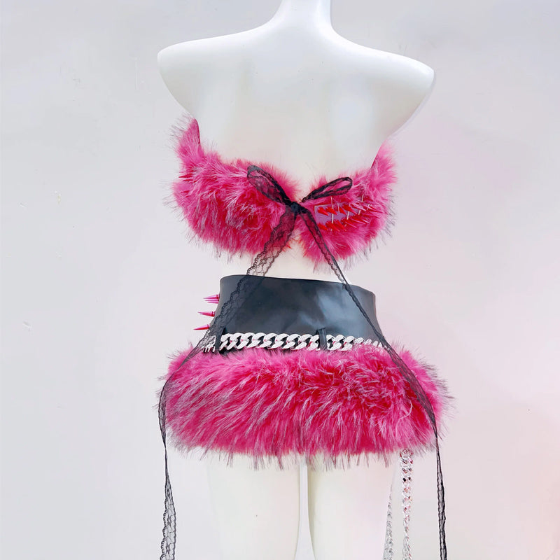 Fluffy rivet applique self tie backless tube top  | Festival Outfits Women