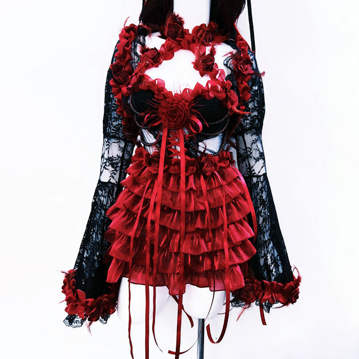 Long flared sleeve flower applique ruffle lace mini dress  | Festival Outfits Women