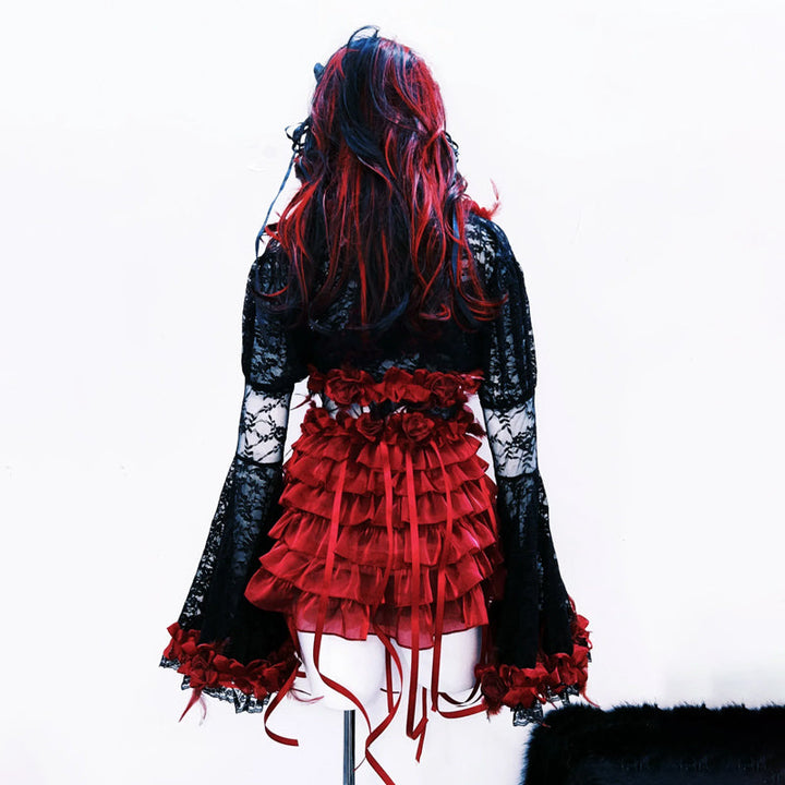 Long flared sleeve flower applique ruffle lace mini dress  | Festival Outfits Women