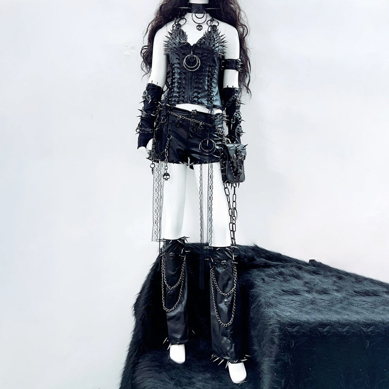 O ring zip-up rivet applique v neck PU leather top  | Festival Outfits Women