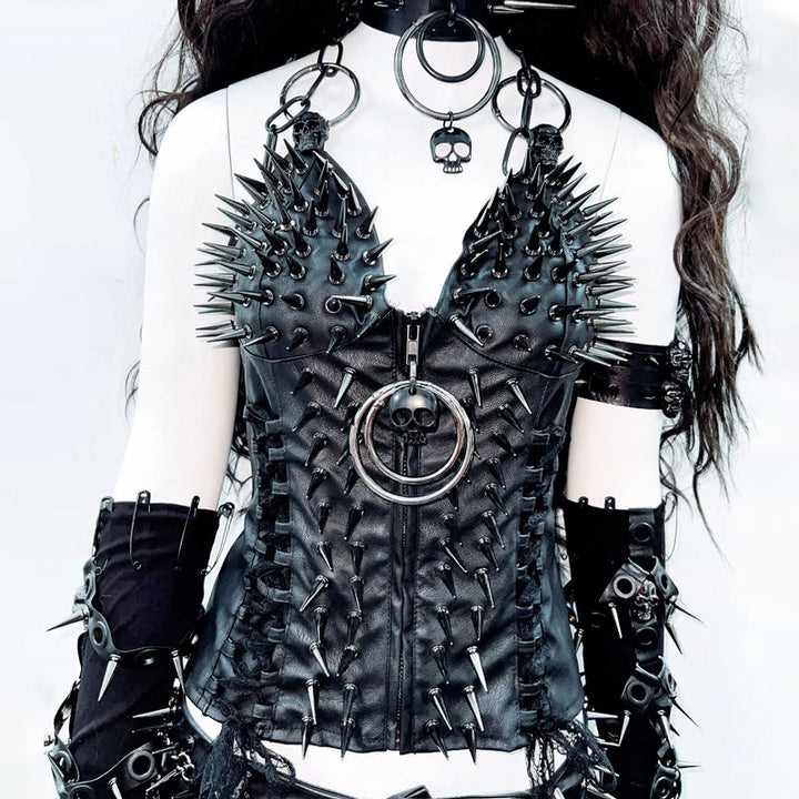 O ring zip-up rivet applique v neck PU leather top  | Festival Outfits Women