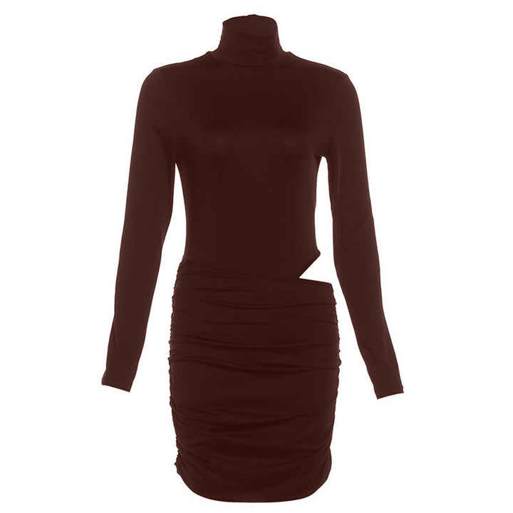 Ruched high neck long sleeve button mini dress  | Festival Outfits Women