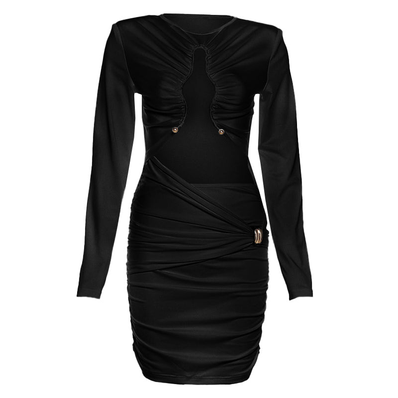 Long sleeve hollow out ruched crewneck cut out mini dress  | Festival Outfits Women