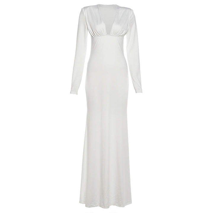 Long sleeve v neck low cut solid maxi dress  | Festival Outfits Women