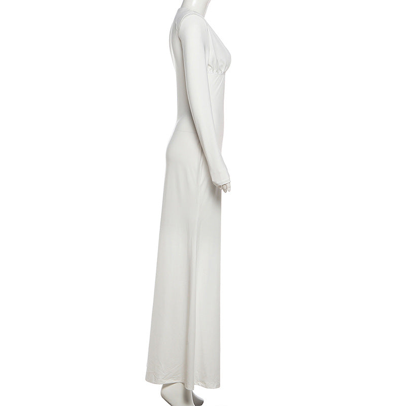 Long sleeve v neck low cut solid maxi dress  | Festival Outfits Women