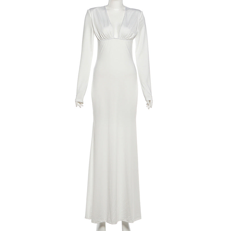 Long sleeve v neck low cut solid maxi dress  | Festival Outfits Women