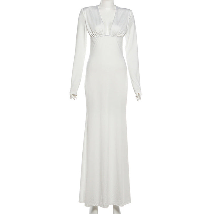 Long sleeve v neck low cut solid maxi dress  | Festival Outfits Women