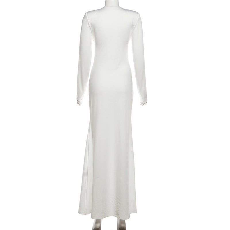 Long sleeve v neck low cut solid maxi dress  | Festival Outfits Women