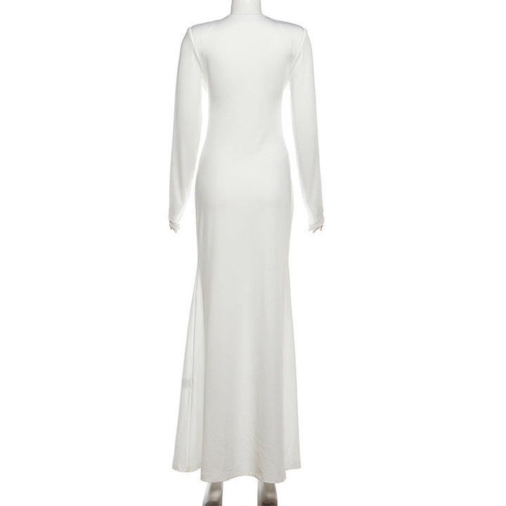 Long sleeve v neck low cut solid maxi dress  | Festival Outfits Women