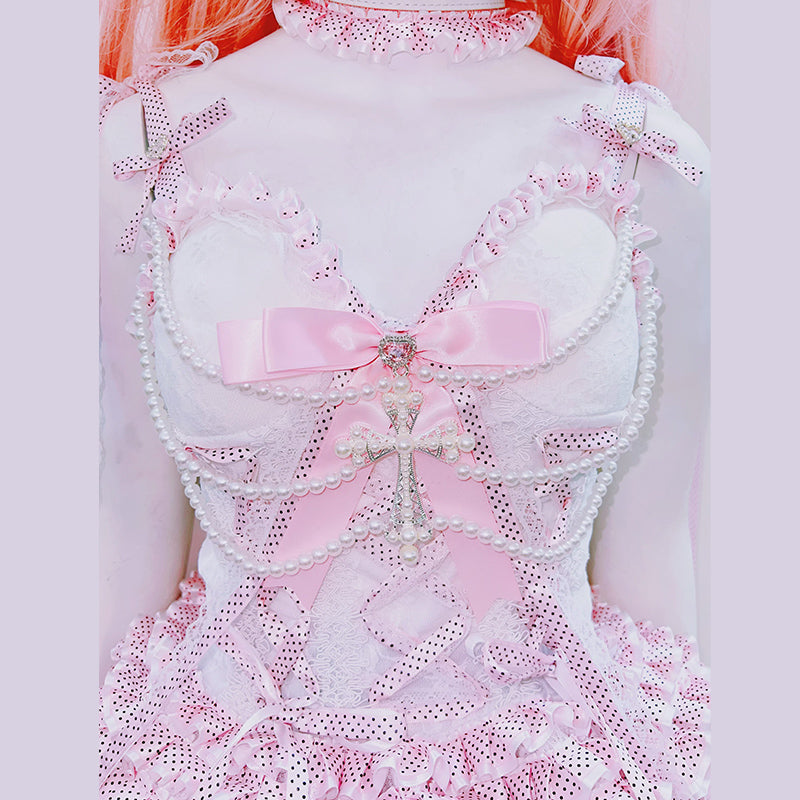 Bowknot beaded polka dot ruffle cami top  | Festival Outfits Women