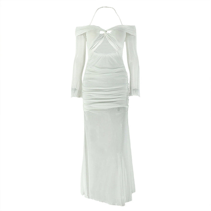 Long sleeve off shoulder halter hollow out mesh cut out maxi dress  | Festival Outfits Women