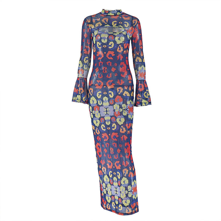 Long sleeve mesh contrast print maxi dress  | Festival Outfits Women