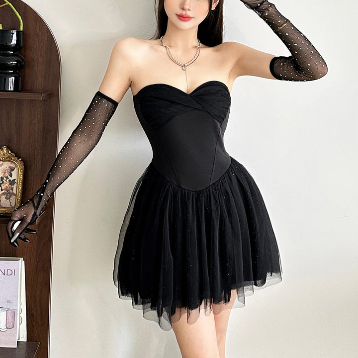 Sweetheart neck mesh glitter tube mini dress  | Festival Outfits Women