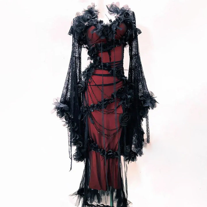 Long flared sleeve lace flower applique beaded maxi dress  | Festival Outfits Women