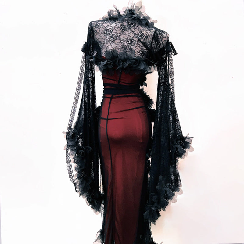 Long flared sleeve lace flower applique beaded maxi dress  | Festival Outfits Women