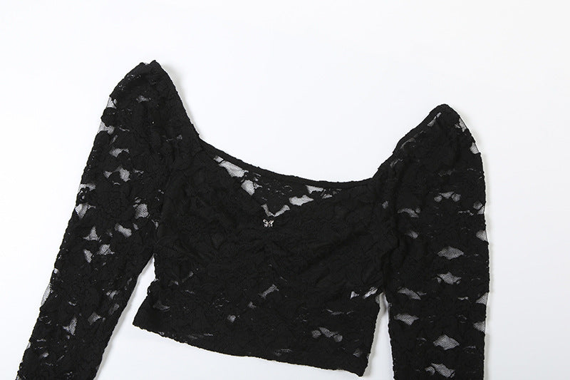 Long flared sleeve lace ruched crop top  | Festival Outfits Women