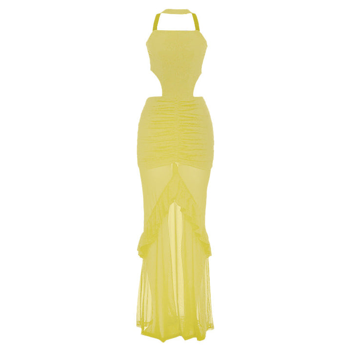 Ruched mesh patchwork ruffle halter maxi dress  | Festival Outfits Women