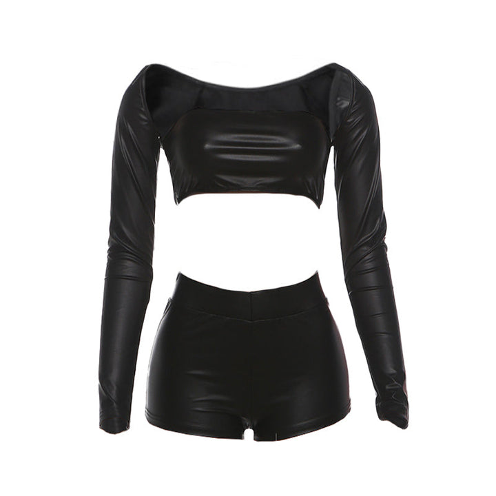Long sleeve PU leather medium rise pant set  | Festival Outfits Women