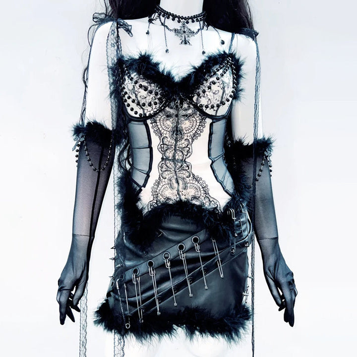 Sweetheart neck fluffy PU leather top  | Festival Outfits Women