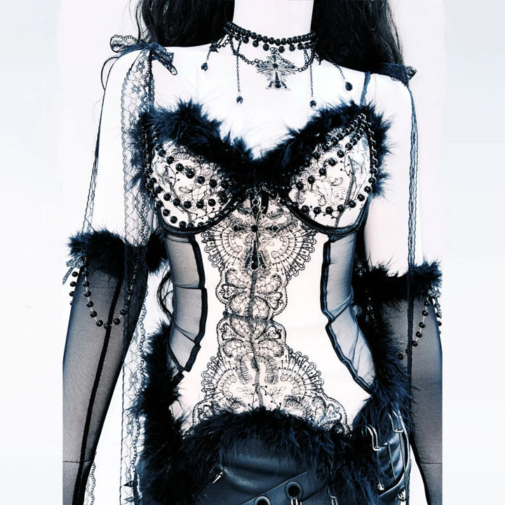 Sweetheart neck fluffy PU leather top  | Festival Outfits Women