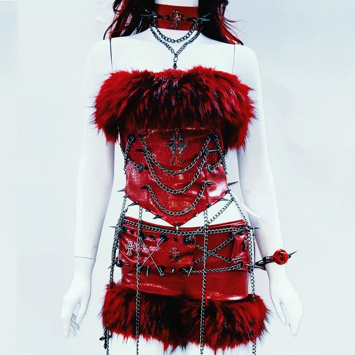 Fluffy metal chain rivet PU leather top  | Festival Outfits Women