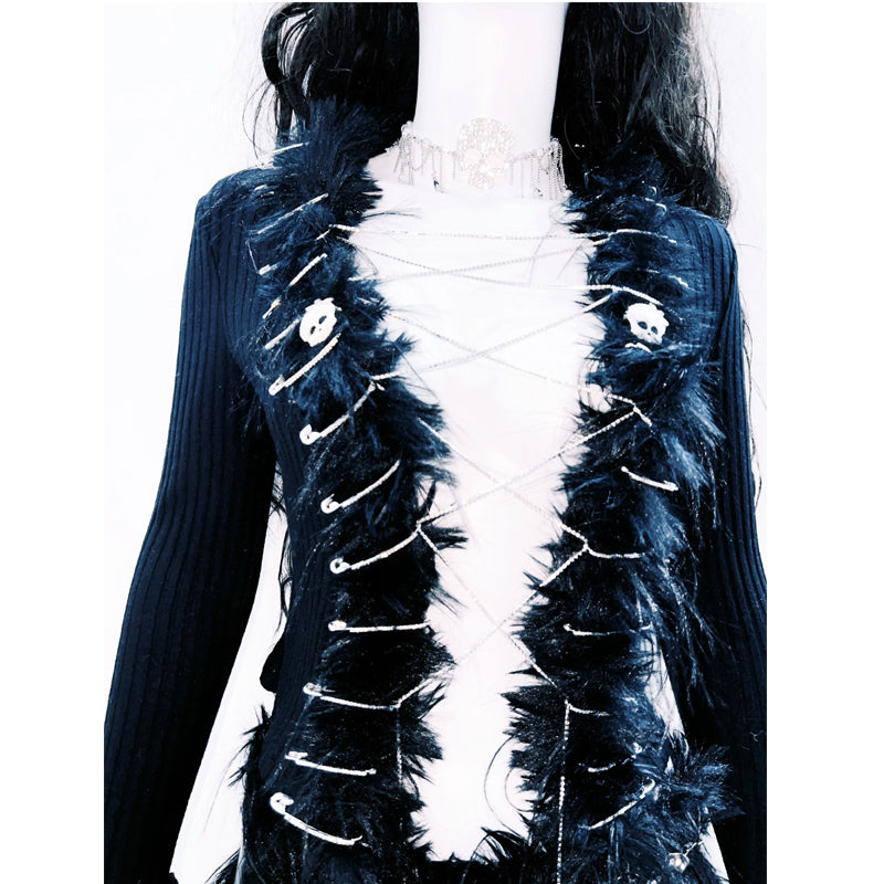 Long sleeve fluffy metal chain belt top  | Festival Outfits Women