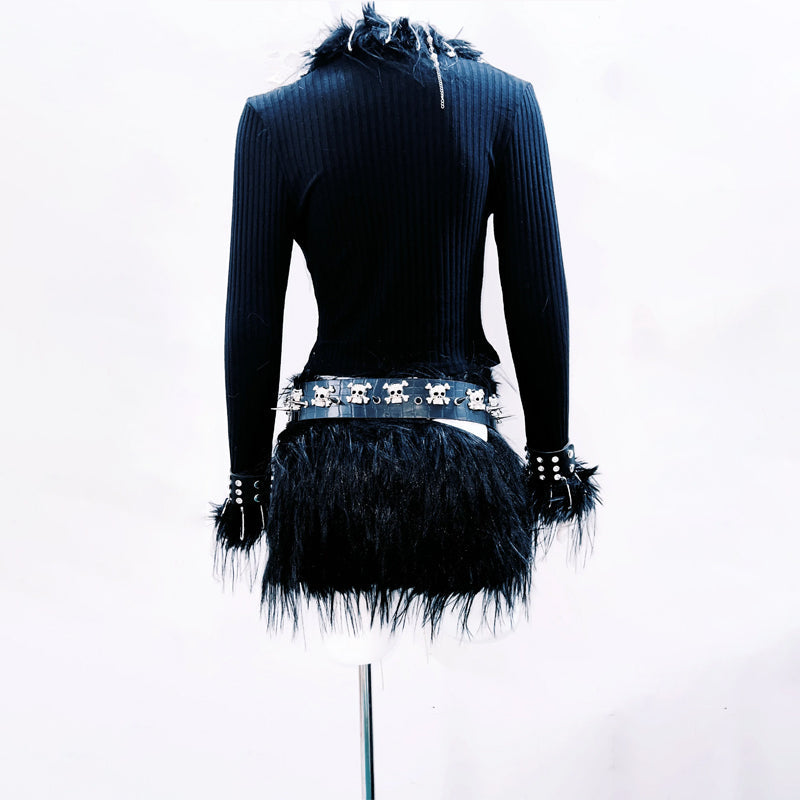 Long sleeve fluffy metal chain belt top  | Festival Outfits Women