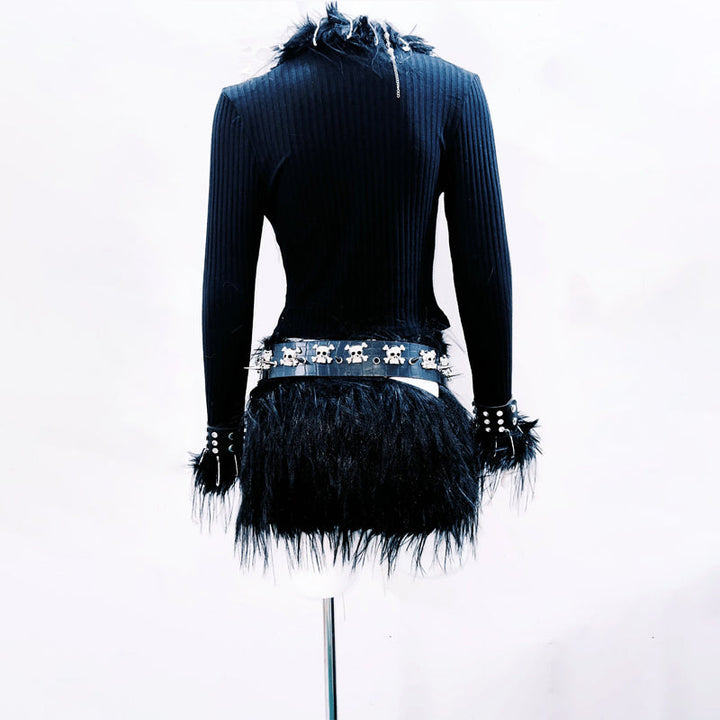 Long sleeve fluffy metal chain belt top  | Festival Outfits Women