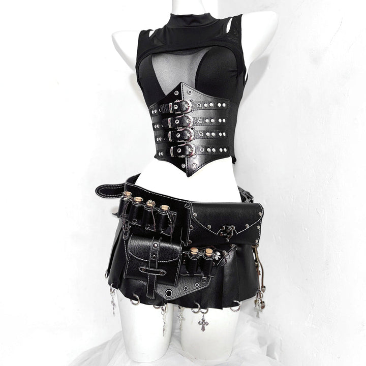 Crewneck hollow out corset PU leather cut out top  | Festival Outfits Women