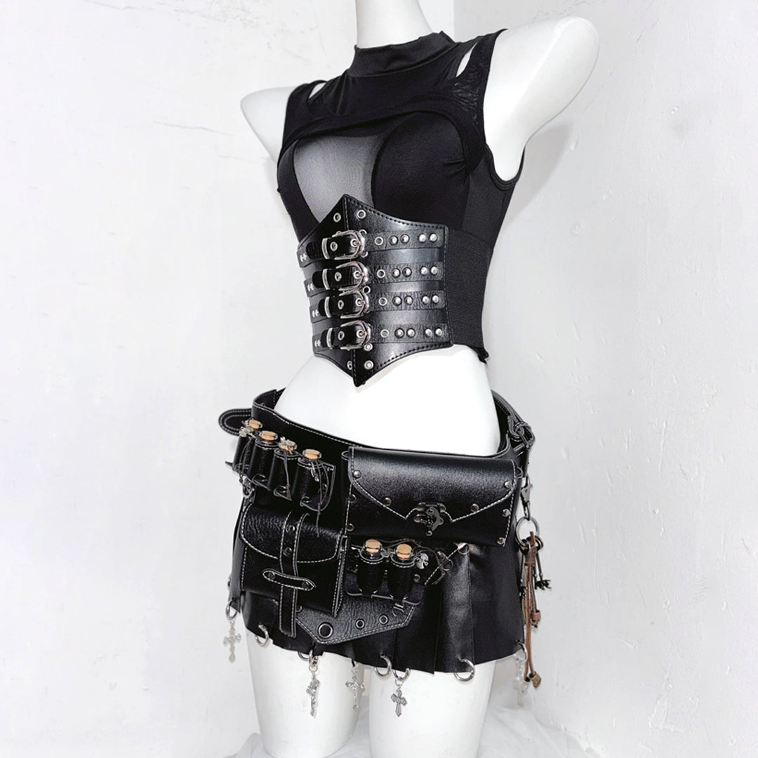 Crewneck hollow out corset PU leather cut out top  | Festival Outfits Women