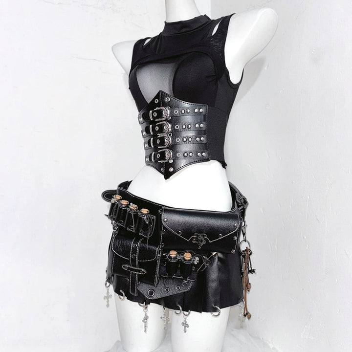 Crewneck hollow out corset PU leather cut out top  | Festival Outfits Women