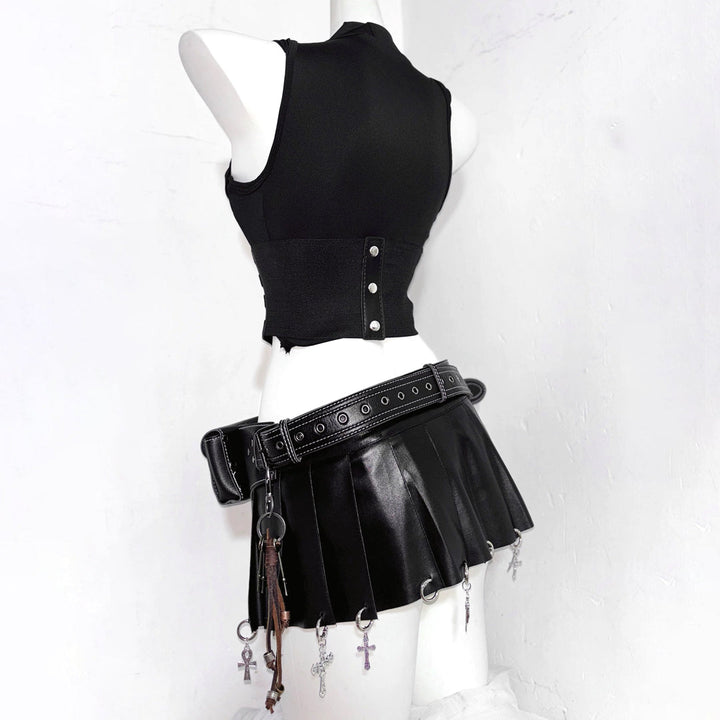 Crewneck hollow out corset PU leather cut out top  | Festival Outfits Women